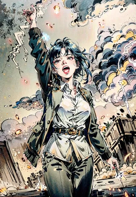 This is an illustration of a young woman standing in front of a war-torn city. She is wearing a military uniform and has her right arm raised in the air. She has a determined expression on her face. The background is a ruined city with explosions and debris. The image is full of action and conveys a sense of hope and determination.