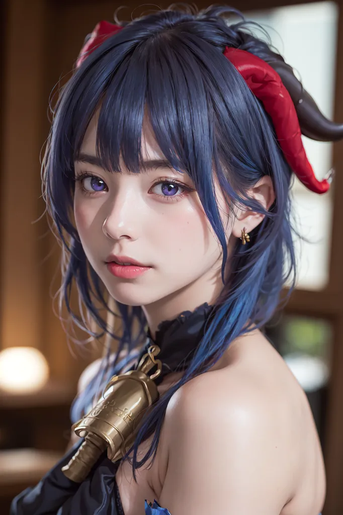 The image is a portrait of a young woman with blue hair and red horns. She is wearing a black and purple dress with a gold necklace and has a serious expression on her face. The background is blurred and out of focus.