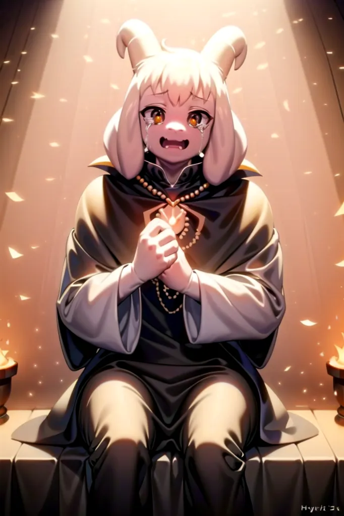 This image depicts a scene from the popular video game "Undertale". The character shown is Toriel, the adoptive mother of the protagonist, Frisk. She is a tall, slender goat-like monster with cream-colored fur and long, drooping ears. She is wearing a long, black dress with a white collar and a pair of brown boots. Her expression is one of sadness and regret, and she appears to be praying. The background is a dark, shadowy room with a single spotlight shining down on Toriel.