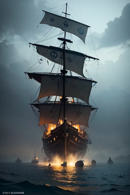 The image is of a pirate ship at sea. The ship is firing its cannons at another ship that is out of view. The ship is surrounded by smoke and the sky is dark and stormy. The ship is listing to one side and the sails are tattered. The ship is made of wood and has three masts. The ship is flying a black flag with a skull and crossbones on it. The ship is being attacked by another ship that is not visible in the image. The ship is in danger of sinking.