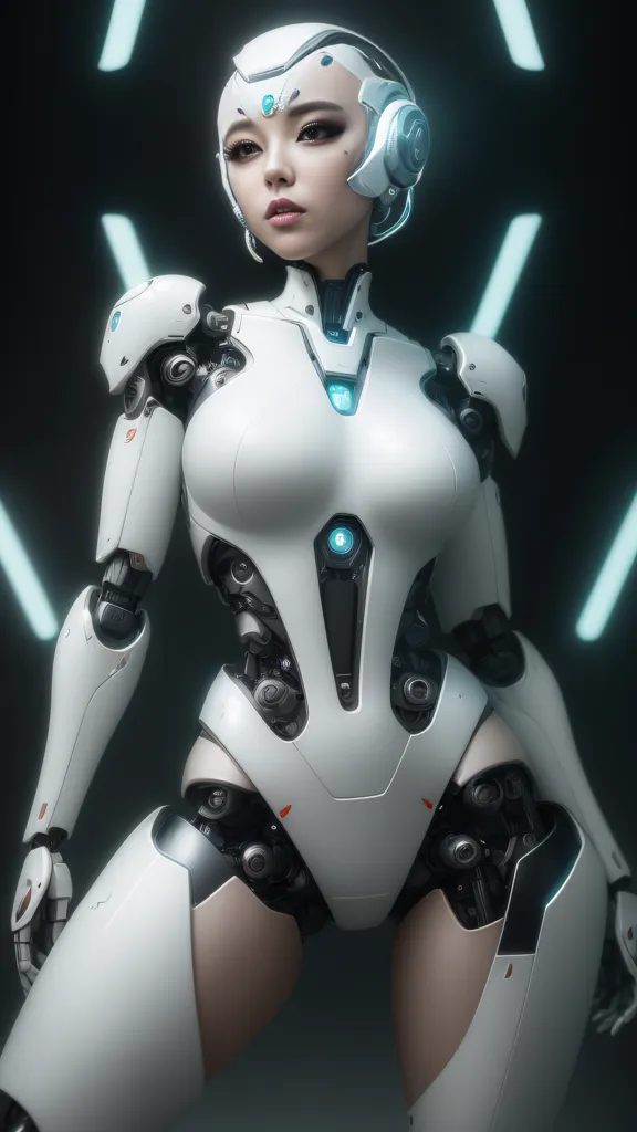 The image is a digital painting of a female robot. She has pale skin, long black hair, and blue eyes. She is wearing a white bodysuit with black accents. The bodysuit is made of a material that looks like metal or plastic. She is also wearing a pair of headphones. The background is dark with several glowing lines in the back. The robot is standing in a confident pose, with her hands on her hips. She has a serious expression on her face. The image is very detailed, and the artist has clearly spent a lot of time on it.