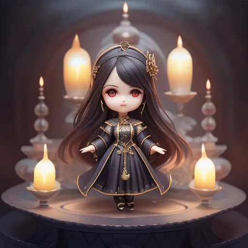 This image shows a small girl with long black hair wearing a black and gold dress with a white collar. She is standing on a round table surrounded by candles. The girl has her arms outstretched to the side. She is looking at the viewer with red eyes.