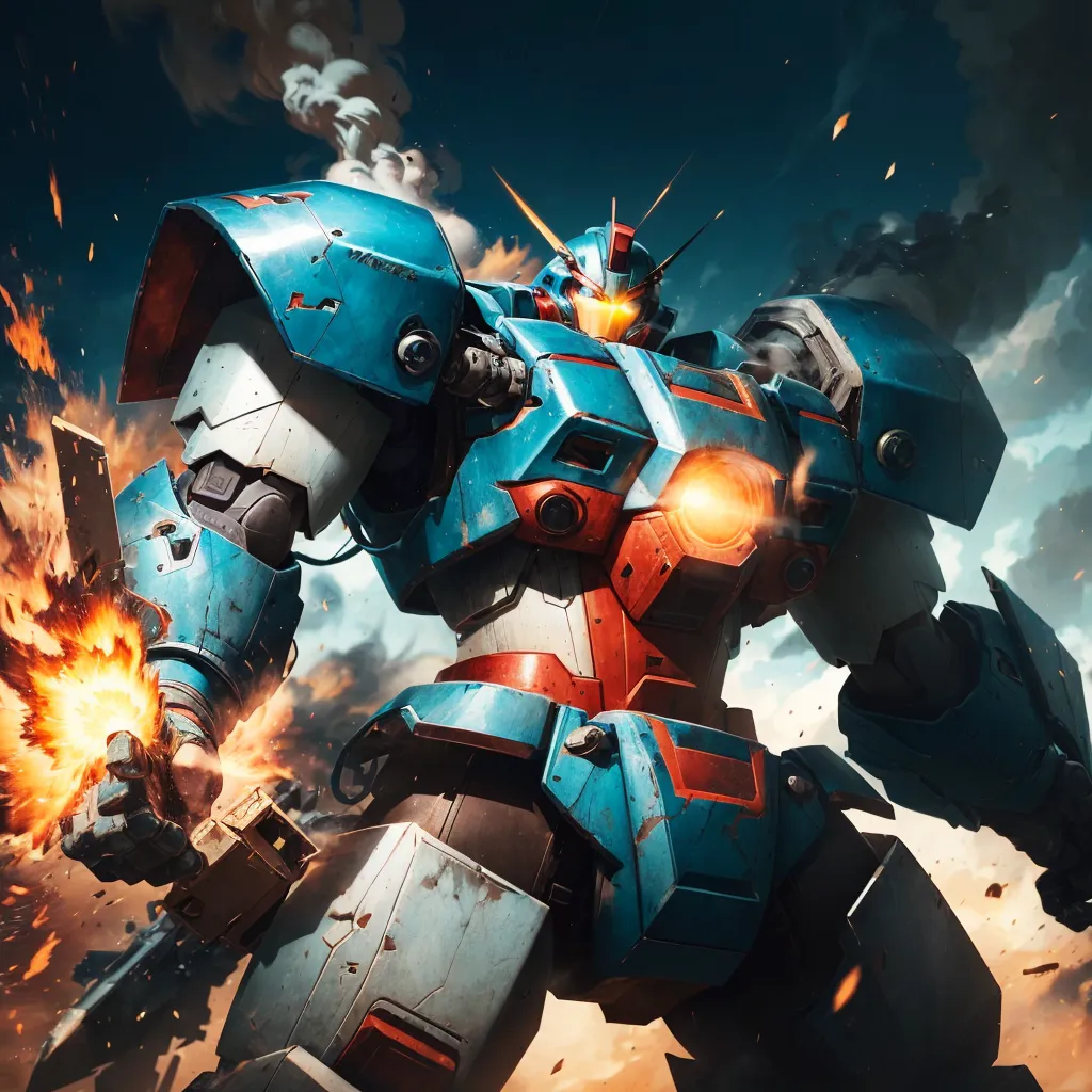 The image shows a giant robot standing in the middle of a battlefield. The robot is blue and red, with a large cannon on its right arm and a smaller cannon on its left arm. It is surrounded by smoke and debris, and there are explosions in the background. The robot appears to be firing its cannons, and there are several destroyed robots on the ground around it.