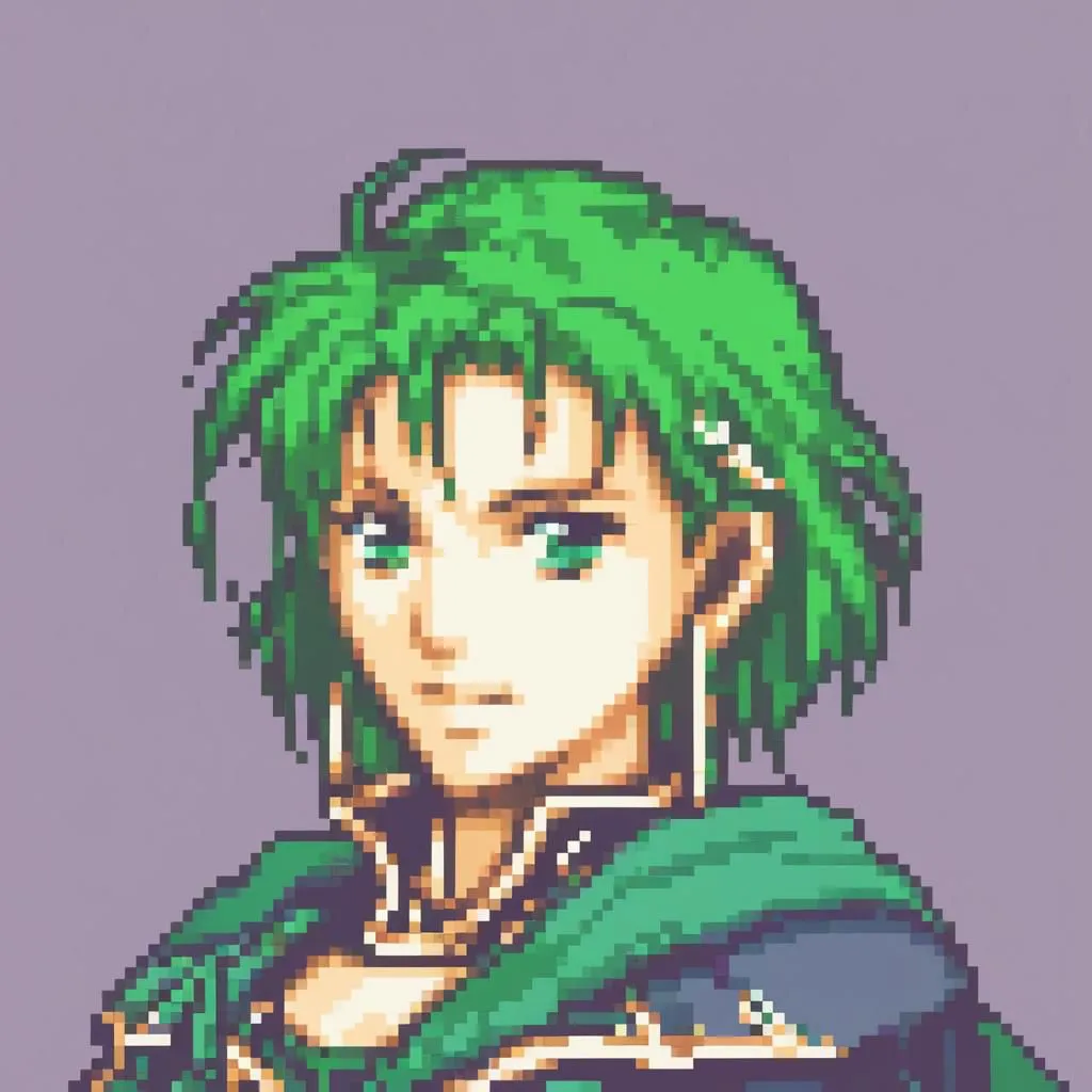 The image is of a young man with green hair and eyes. He is wearing a green tunic and a white cape. He has a serious expression on his face. He appears to be from a video game, and is likely a character from the Fire Emblem series.