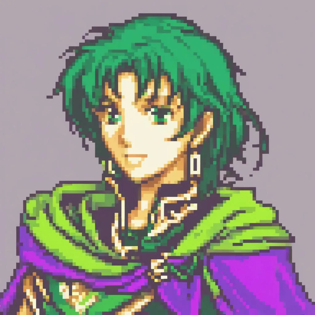 This is a pixelated image of a young man with green hair and purple eyes. He is wearing a purple cape with a green collar and a green tunic. The image is likely from a video game.