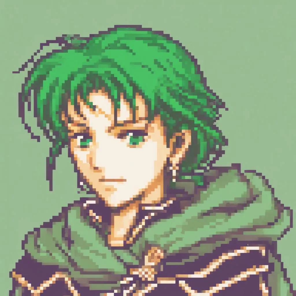 This is a pixelated image of a young man with green hair and green eyes. He is wearing a green shirt with a white collar and a black cape. The background is a light green color.