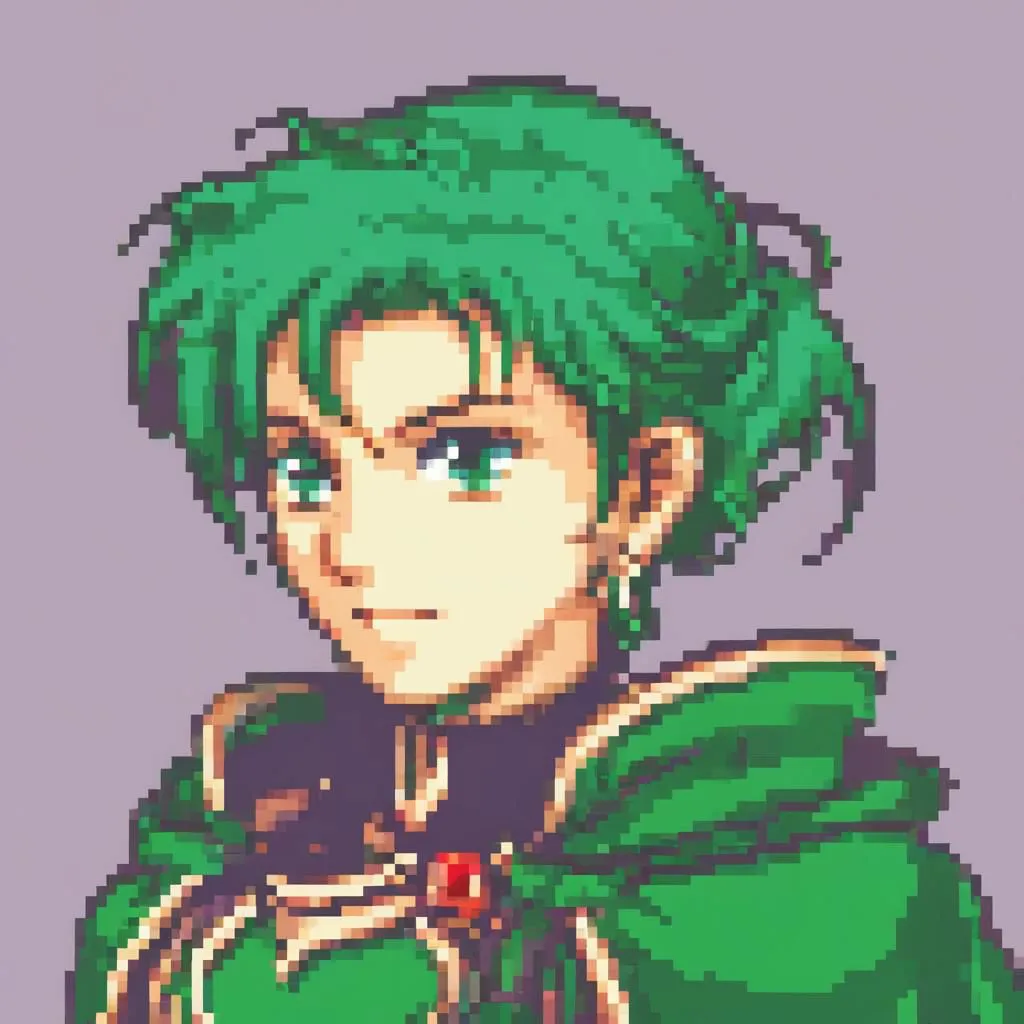 This is a pixelated image of a young man with green hair and eyes. He is wearing a green tunic and a red cape. He has a serious expression on his face. He appears to be from the Fire Emblem video game series.