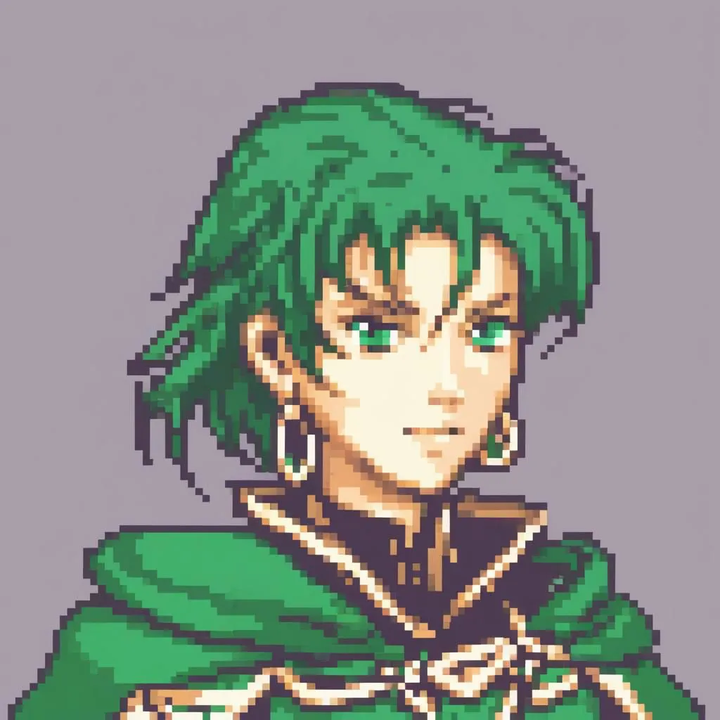 This image is of a young man with green hair and eyes. He is wearing a green tunic and has a determined expression on his face. He is likely a character from a video game and appears to be in battle, as he is surrounded by a grey background with no other details.