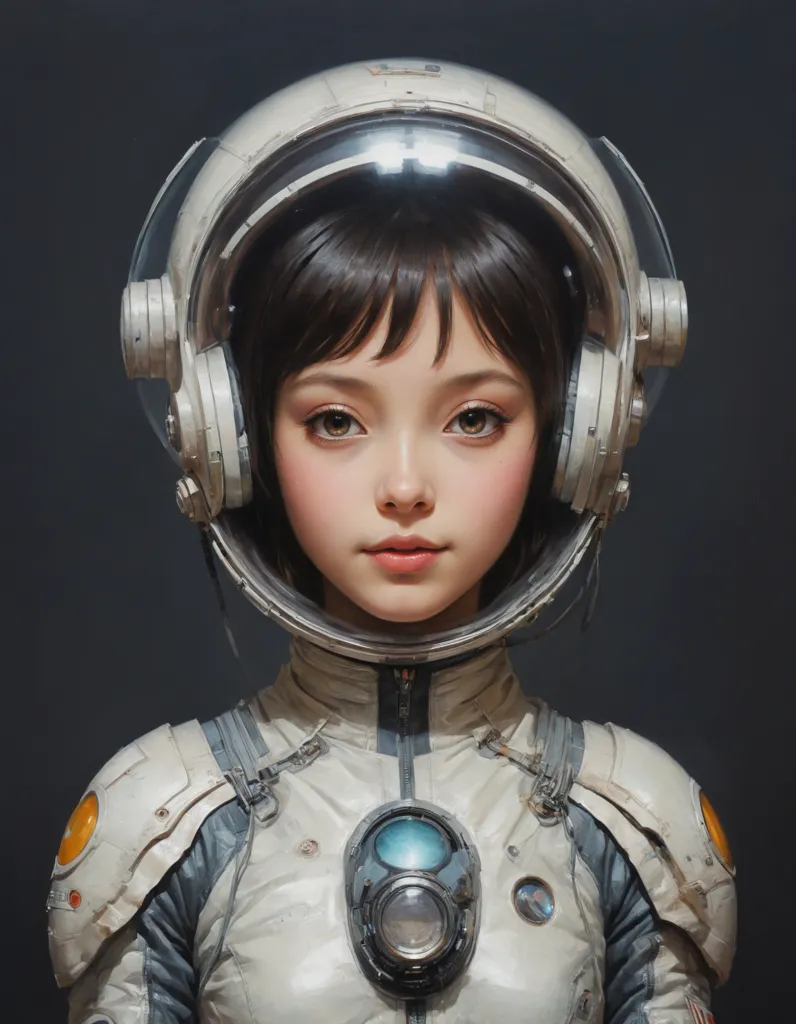 This is an image of a young girl in a spacesuit. She has short brown hair and brown eyes. The spacesuit is white and has a clear bubble helmet. The girl is looking at the camera with a serious expression. The background is dark.