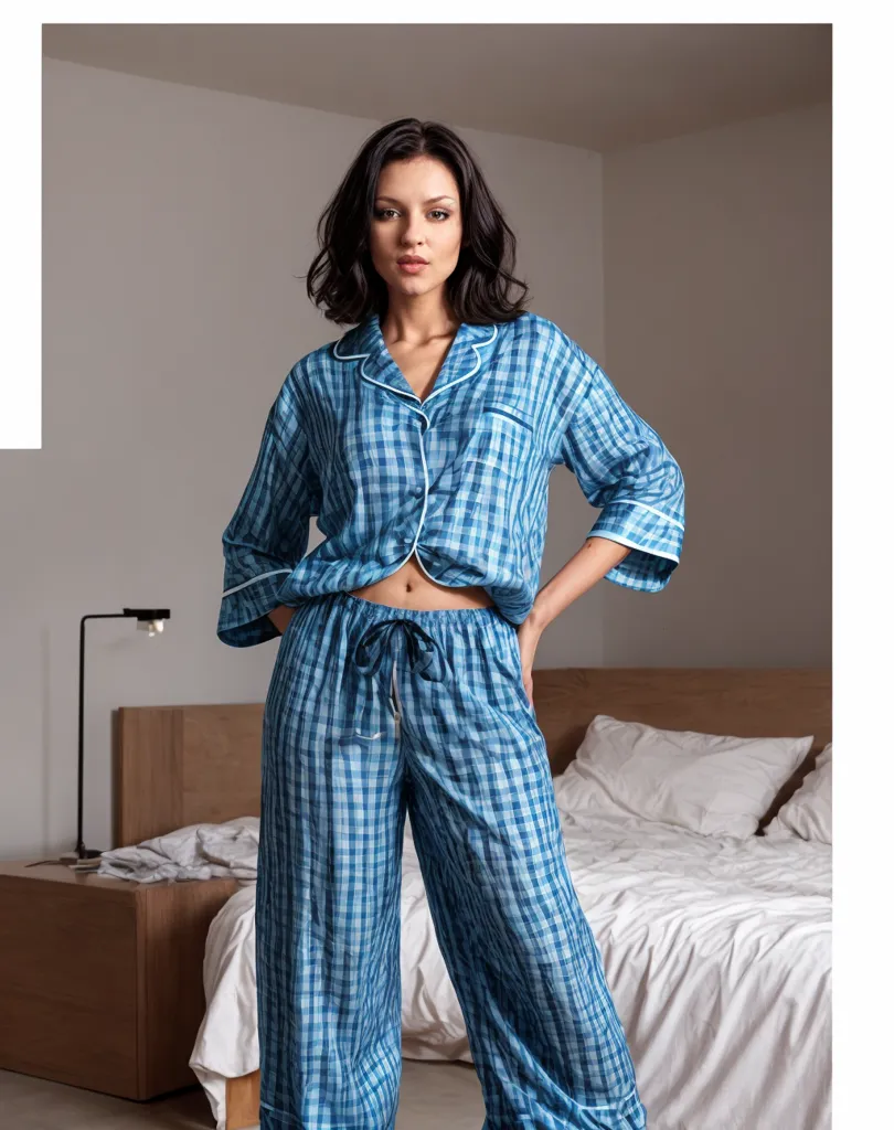 The image shows a woman wearing a blue and white gingham pajamas. The pajamas have a relaxed fit and are made from a lightweight fabric. The woman has her hands on her hips and is looking at the camera with a serious expression. She has short dark hair and natural makeup. The background is a white wall with a bed covered in white linens.