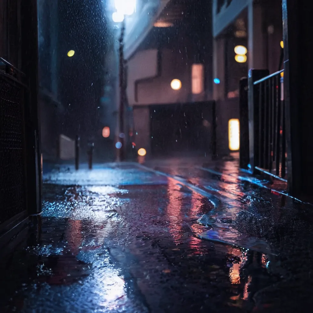 It's raining heavily in the city. The rain is falling in sheets and the wind is blowing it against the buildings. The ground is wet and there are puddles everywhere. The street lights are on and they are reflecting in the puddles. The city is empty except for a few cars driving by.