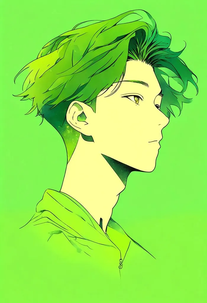 This is a picture of a young man with green hair and yellow eyes. He is shown in profile and is wearing a green shirt. The background is also green. The image is drawn in a semi-realistic style and the colors are vibrant and saturated.