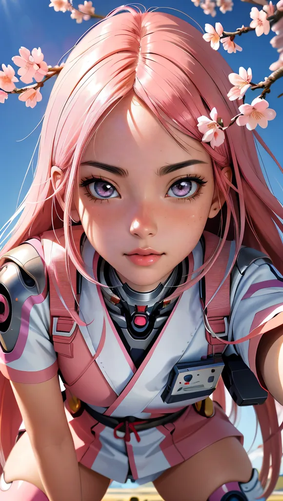 This image shows a beautiful anime girl with pink hair and purple eyes. She is wearing a pink and white outfit with a black choker. There are some pink flowers in her hair and she has a small smile on her face. The background is a blue sky with some white clouds.