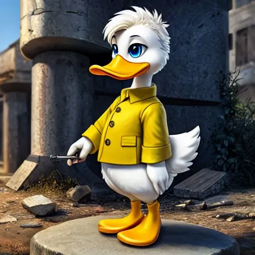 This image shows a duck wearing a yellow raincoat and boots. The duck has white feathers and blue eyes. It is standing on a stone pedestal in a ruined city. The duck is holding a screwdriver in its right wing.