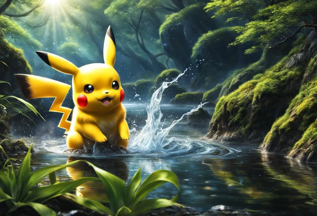 The image shows a Pikachu, which is a yellow fictional creature from the Pokémon franchise. It has black-tipped ears and a red circle on each cheek. It is standing in a river and splashing water with its right foot. The background is a lush green forest with bright sunlight shining through the trees. The water in the river is crystal clear