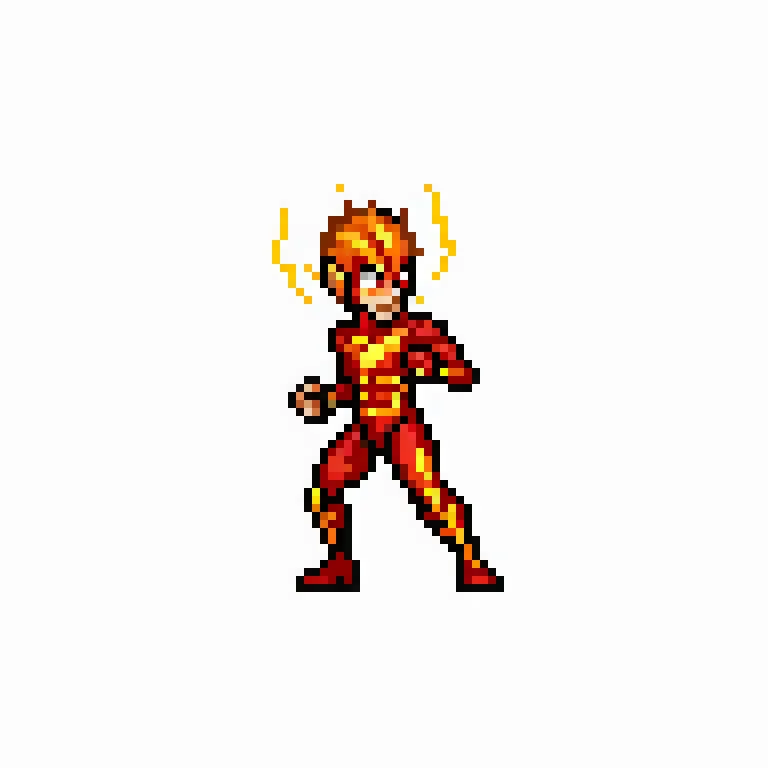 The image is of a pixelated superhero. He is wearing a red and yellow suit. He has yellow hair and a yellow lightning bolt on his chest. He is standing with his legs shoulder-width apart and his arms at his sides. He has a determined look on his face.