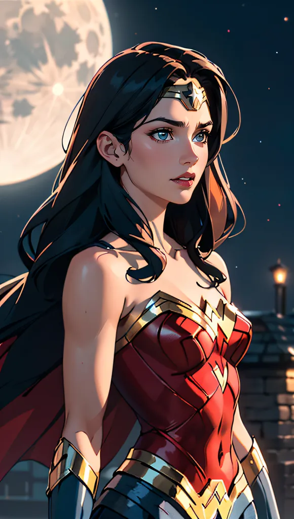 This is an image of the superhero Wonder Woman. She is standing on a rooftop, looking out over the city. She is wearing her iconic red, white, and blue costume, and her hair is flowing in the wind. The moon is shining brightly in the background. The image is drawn in a realistic style, and the colors are vibrant and bright.