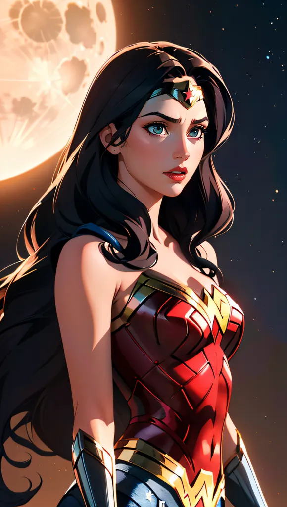 This is an image of Wonder Woman, a superhero from DC Comics. She is standing in front of a full moon. She is wearing her classic outfit, which consists of a red bustier with a gold eagle on the front, a blue skirt, and red boots. She has a golden lasso in her hand. Her expression is serious and determined.