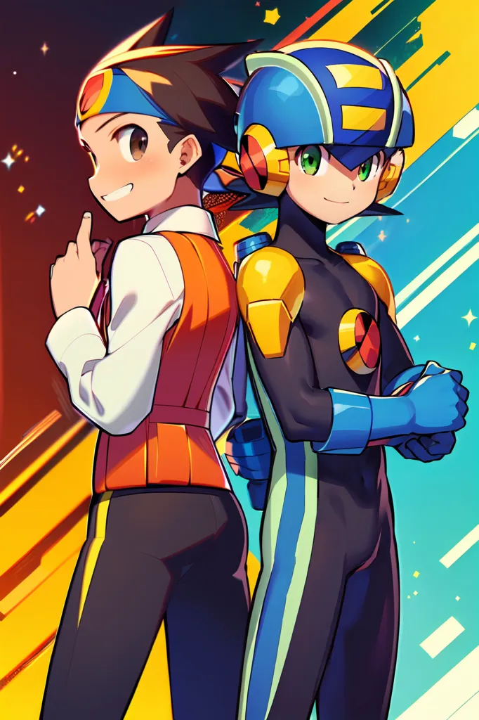 The image shows two characters from the Mega Man video game series. On the left is Geo Stelar, a young boy who is the protagonist of the Mega Man Star Force series. On the right is Mega Man, a robot who is Geo's partner and the main character of the original Mega Man series. Geo is wearing a white shirt, orange vest, and blue pants. He has brown hair and brown eyes. Mega Man is wearing a blue helmet, yellow gloves, and blue boots. He has green eyes and a green gem on his forehead. The two characters are standing back-to-back, and they are both smiling. The background is a yellow, blue, and pink gradient with some white lines and stars.