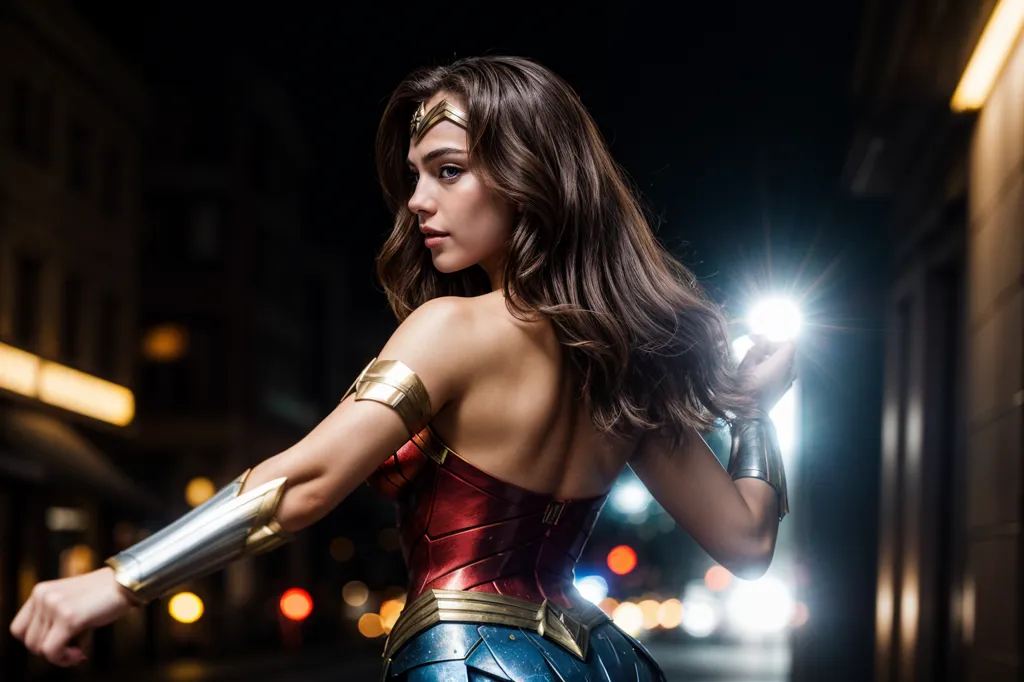 This is an image of Wonder Woman, a superhero from DC Comics. She is wearing her iconic red, white, and blue costume and has her hair flowing in the wind. She is standing in a city street, with the lights of the city blurred in the background. She is looking over her shoulder at something off-camera.