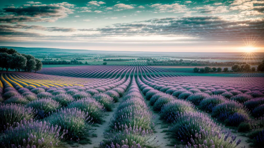 The image shows a field of lavender in bloom. There are rows and rows of lavender plants, stretching as far as the eye can see. The lavender is in full bloom, and the air is filled with its sweet scent. The sun is shining brightly, and the sky is a clear blue. There are clouds dotting the sky. There are trees in the distance. The image is peaceful and relaxing.