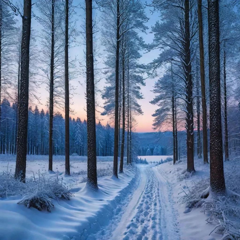 The image is a beautiful winter landscape. The snow is falling heavily, and the trees are covered in a thick blanket of white. The only sound is the gentle crunching of the snow underfoot. The path leading into the distance is surrounded by tall, snow-covered trees. The sky is a deep blue. The scene is peaceful and serene.