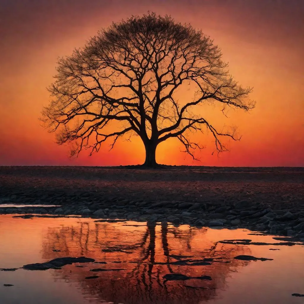 The setting sun casts a golden glow on a large tree. Its branches are bare, and its roots are exposed. The tree is reflected in the still water below. The sky is a deep orange, and the clouds are a light pink. The scene is one of peace and tranquility.