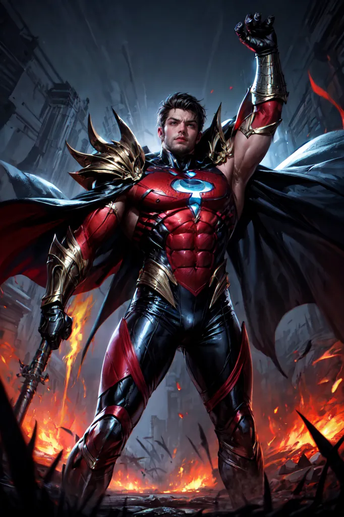 The picture shows a superhero wearing a red and gold suit. He has a muscular build and is holding a sword in his right hand. He is standing in a heroic pose, with his left arm raised in the air. He has a confident expression on his face. The background is a dark cityscape with flames.