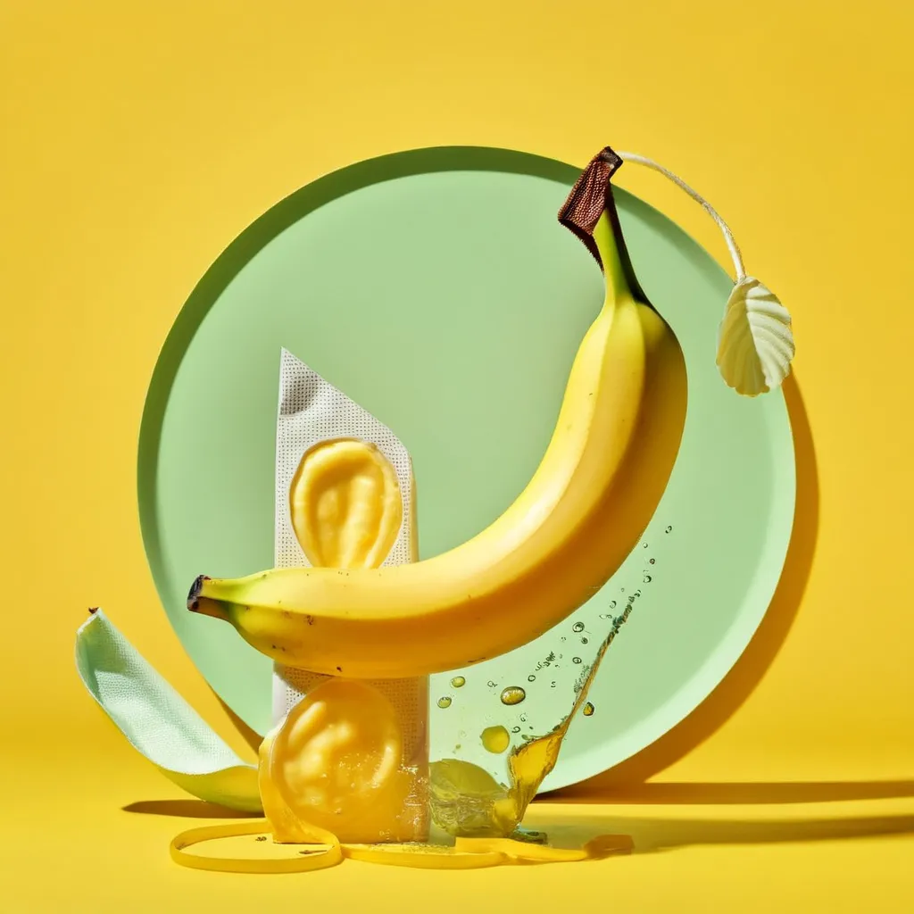 A surrealist image of a banana. The banana is suspended in mid-air. A green leaf is attached to the stem. The banana is surrounded by a yellow liquid. There is a green circle behind the banana. There is a white cloth with an ear-shaped hole in it. There is a clear tube with a yellow liquid in it. The tube is attached to the banana.