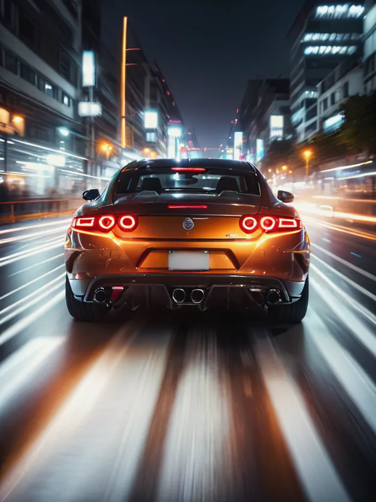 A sleek orange sports car speeds down a city street at night. The car is blurred, but the background is sharp. The lights of the city are reflected on the car's surface. The car is in the center of the image, and the background is symmetrical. The image is well-lit, and the colors are vibrant. The overall effect is one of speed and excitement.