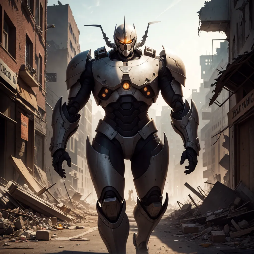 The image shows a giant robot walking through a destroyed city. The robot is made of metal and has a large, glowing eye on its chest. It is also has large shoulder pads and a pair of horns on its head. The city is in ruins, with buildings destroyed and debris everywhere. The robot is walking towards the viewer, and it looks like it is about to attack.