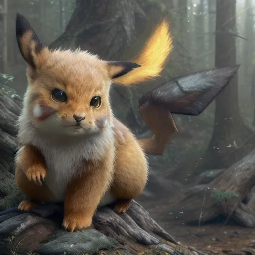 This image shows a Pikachu, which is a fictional creature from the Pokémon franchise. It is a small, furry creature with yellow ears and a tail. It is standing on a rock in a forest, and it is looking at the viewer with a curious expression. The background of the image is a blur of trees and leaves, and the light is shining through the tree