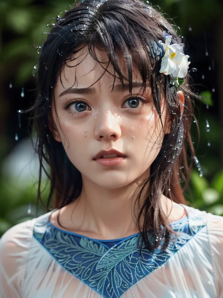 The picture shows a close-up of a young woman's face. She has dark hair with a white flower in it. Raindrops are on her face and in her hair. She is wearing a white dress with blue and green embroidery. Her eyes are blue and her lips are slightly parted. She is looking at the camera with a slightly surprised expression.