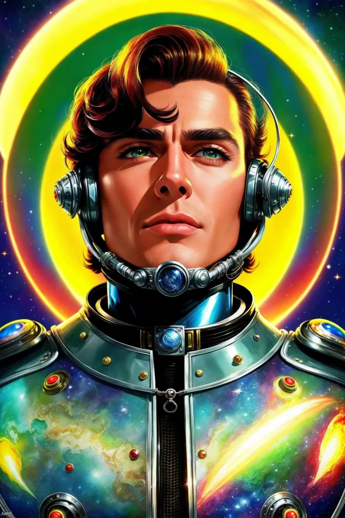 This is an image of a man with brown hair and blue eyes. He is wearing a silver and blue spacesuit with a clear bubble helmet. There is a yellow halo around his head. He looks like he is in space, with stars and galaxies in the background.