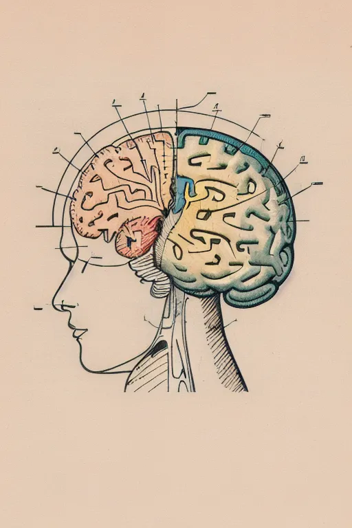 该图像以复古的蓝图风格展示了一个人类大脑。大脑被分为两半,左半部分是更加真实的大脑横断面视图,而右半部分则是更抽象的迷宫式表现。大脑周围有一系列线条和数字,可能代表着测量或坐标。