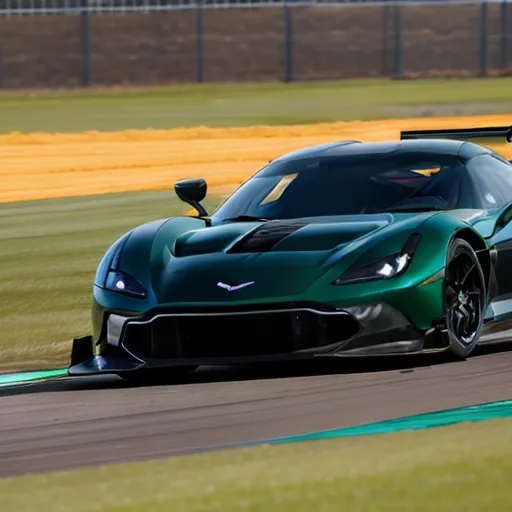 The image shows a green sports car on a race track. The car has a sleek design and a large rear spoiler. It is being driven at high speed and appears to be in the middle of a race. The car is surrounded by green turf and yellow and white track markers.