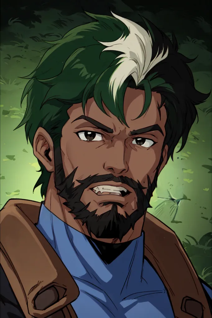 This is a picture of a man with green hair and a beard. He has a white streak in his hair and brown eyes. He is wearing a blue shirt with a brown jacket. He looks like he is in a forest because there are green leaves in the background. He looks serious and determined.