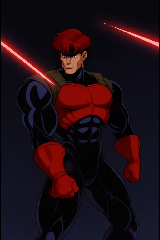 This is a picture of a superhero. He has red hair and blue eyes. He is wearing a red and black suit. He looks like he is ready to fight.