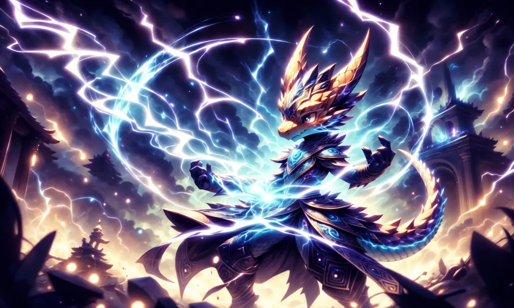 The image is of a powerful and majestic dragon. It is standing on a rocky mountaintop, with a stormy sky in the background. The dragon is breathing out a bolt of lightning, which is illuminating the scene. The dragon's scales are a deep blue color, and its eyes are a bright yellow. It has a long, serpentine body and a pair of wings that are outstretched. The dragon is surrounded by clouds and lightning bolts, and it looks like it is ready to attack.