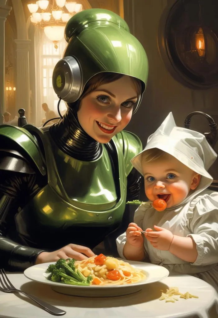 The picture shows a woman and a child sitting at a table and eating. The woman is wearing a green helmet and headphones. The child is wearing a white hat and a bib. The woman is smiling and holding a fork. The child is also smiling and holding a fork. There is a plate of food on the table. The background is a blurred image of a restaurant.