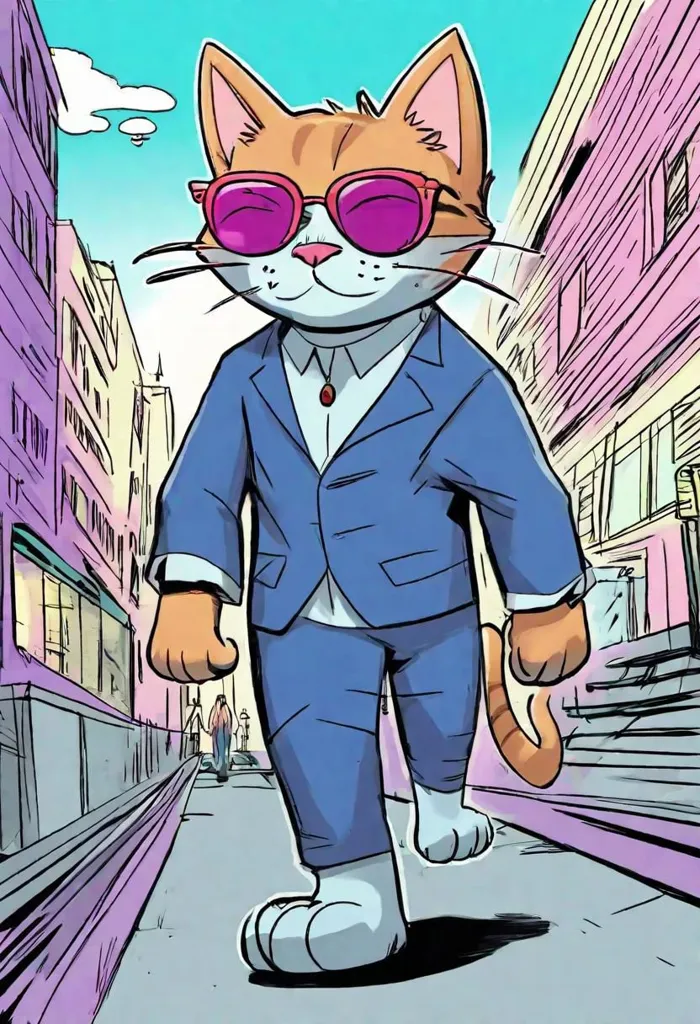 An anthropomorphic cat wearing a suit and sunglasses is walking down a city street. The cat is orange and white, and is wearing a blue suit, pink shirt, and purple sunglasses. It has a confident expression on its face and is carrying a briefcase. The street is lined with buildings, and there are people walking in the background. The cat is in the foreground, and is looking at the viewer.