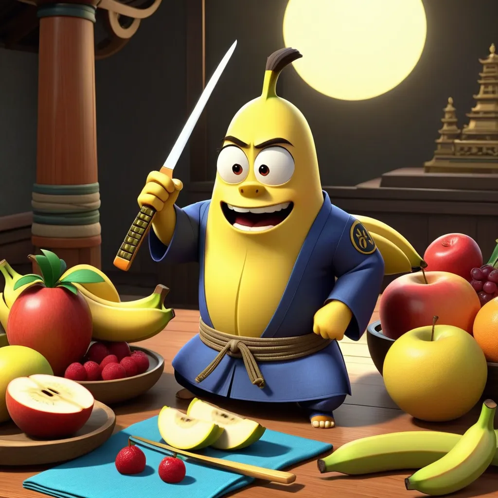 The image shows a banana dressed as a samurai. The banana is standing in front of a table full of fruit. The banana is holding a sword. The banana is smiling. The background is a Japanese-style room. There is a moon in the background.