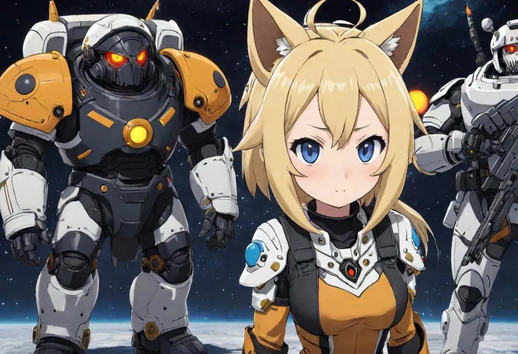 The image shows three characters. There are two soldiers in the background. They are wearing white and orange armor. The girl in the front has fox ears and a tail. She is wearing a yellow and black spacesuit.