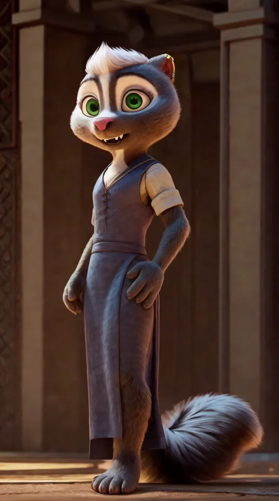 The image shows a cartoon squirrel standing on its hind legs. It is wearing a blue dress with white sleeves. The squirrel has green eyes and a white belly. Its tail is long and bushy. It is standing in a room with stone walls and wooden floors. There are pillars in the background.