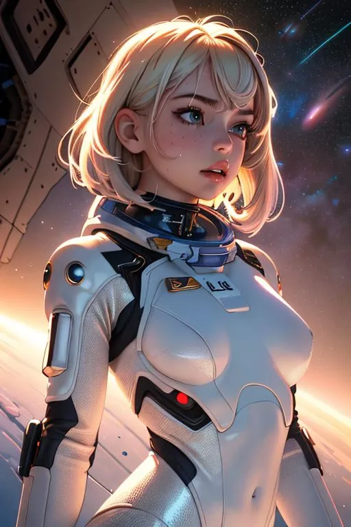 This is an image of a young woman in a spacesuit with a blonde bob haircut and blue eyes. She is standing in front of a spaceship, looking to the right of the frame. She is wearing a white spacesuit with a clear bubble helmet. The spacesuit has a pattern of red and blue lines running across the chest. She is also wearing a jetpack on her back. There are stars in the background.