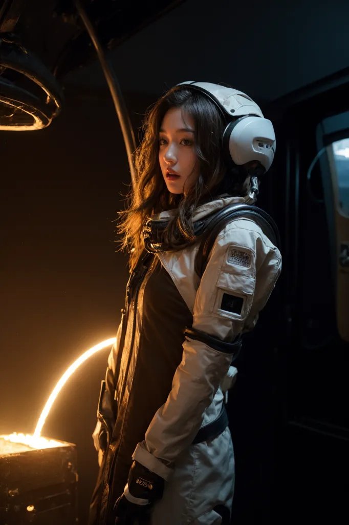 A young girl in a spacesuit is standing in a dark room. The spacesuit is white and gray with a clear bubble helmet. She has a serious expression on her face. There is a bright light in the background.