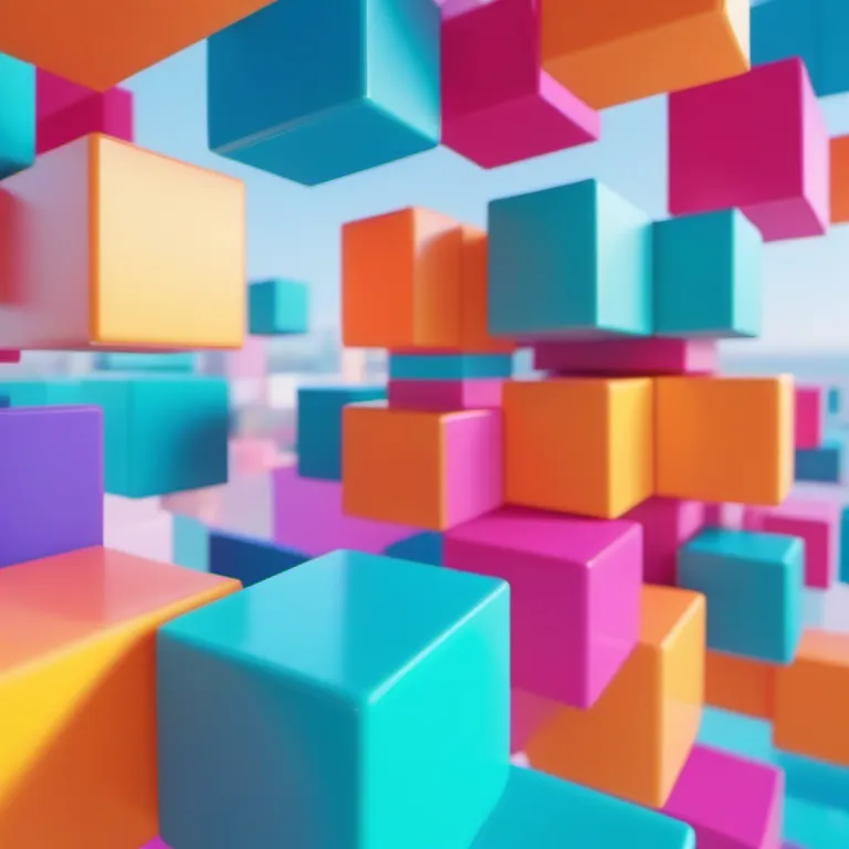 The image is of a bunch of brightly colored, three-dimensional cubes. The cubes are of different sizes and are arranged in a seemingly random order. The colors of the cubes are also varied, with bright blues, greens, pinks, and oranges being the most prominent. The cubes appear to be floating in a light blue space, with no visible edges or boundaries.