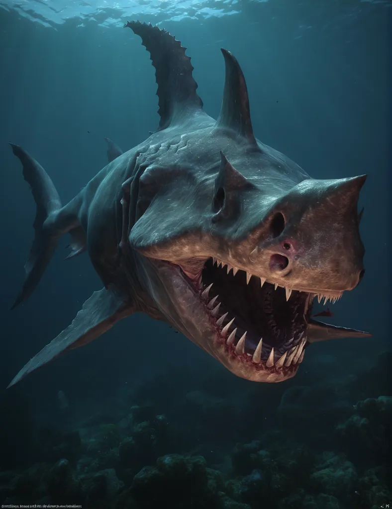 The image shows a large, prehistoric shark with a long, pointed snout and rows of sharp teeth. Its body is covered in dark, rough skin. The shark is swimming in a deep, blue ocean, surrounded by coral reefs. The shark's eyes are wide and black, and they seem to be staring at the viewer. The shark's mouth is open, and its teeth are bared. The shark's body is long and muscular, and its tail is powerful. The shark is a dangerous predator, and it is capable of killing large prey.