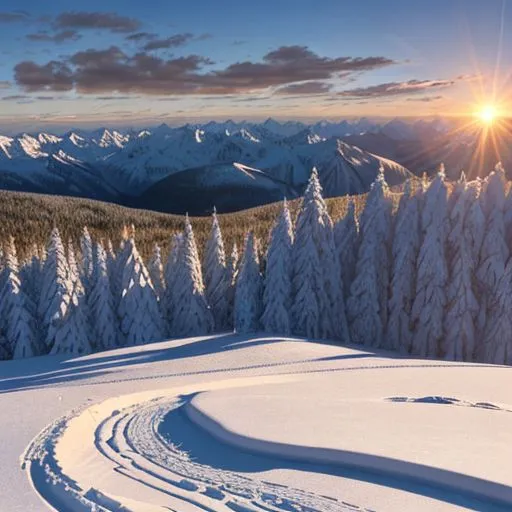 The image shows a beautiful winter landscape. There is a snow-covered forest on a mountainside. The sun is setting behind the mountains, casting a warm glow over the scene. The trees are bare, and their branches are covered in snow. The snow is thick on the ground, making it look like a winter wonderland. There is a ski slope going down the mountainside. The sky is blue and there are some clouds. The sun is shining brightly. The image is very peaceful and sunny.