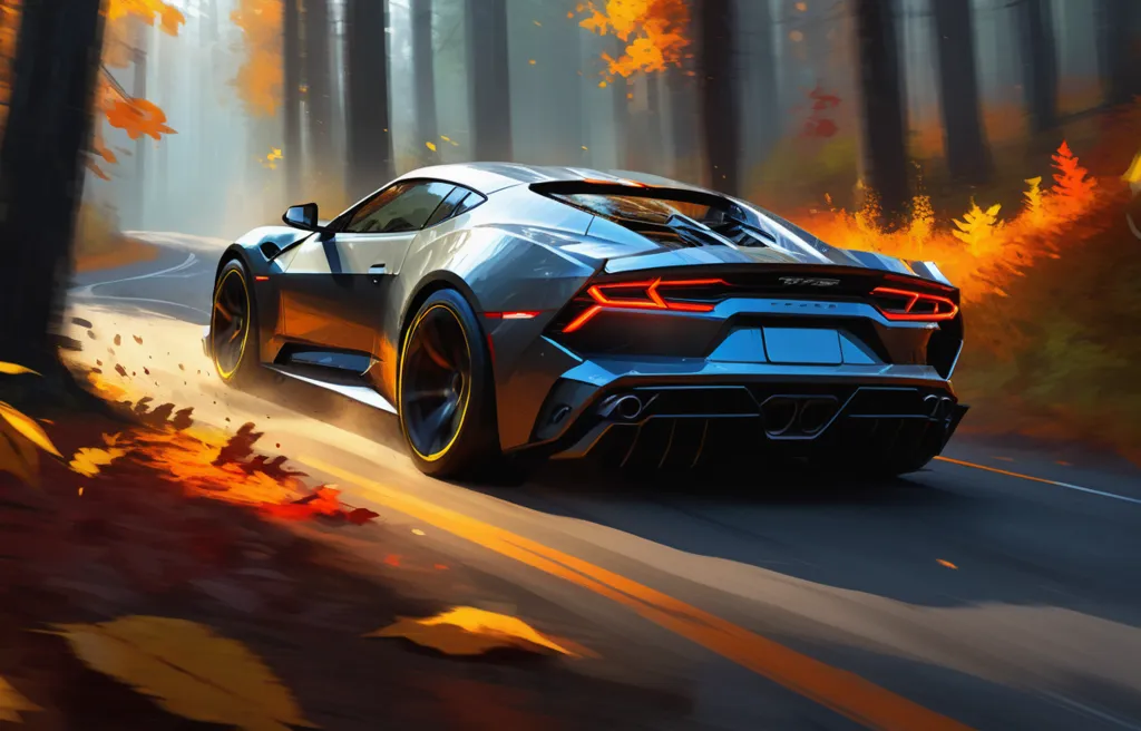 A silver sports car is driving through a fall forest. The car is surrounded by colorful leaves and the road is winding. The car is moving at a high speed. The image is in motion blur.